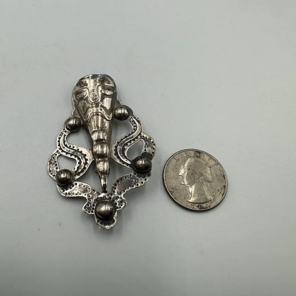 Vintage Mask Brooch Sterling Silver Tribal Face Figural Abstract Ethnic Artisan